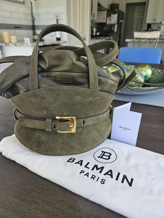 Balmain Handbags - Balmain Khaki Shuffle Mini Belted Top Handle Suede & Leather NWT